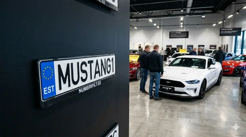 Autode müügisalong musta seina taustal, numbrimärk MUSTANG1 ja kaks meest vaatamas valget Ford Mustangi
