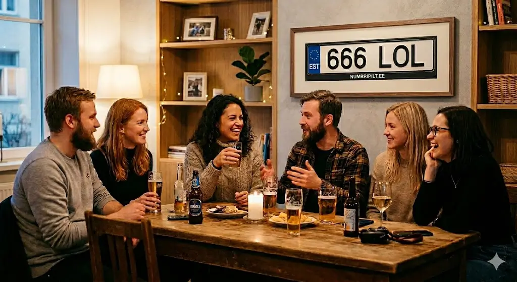 õprade grupp vestlemas korteris, taustal seinal Eesti numbrimärk kirjaga 666 LOL